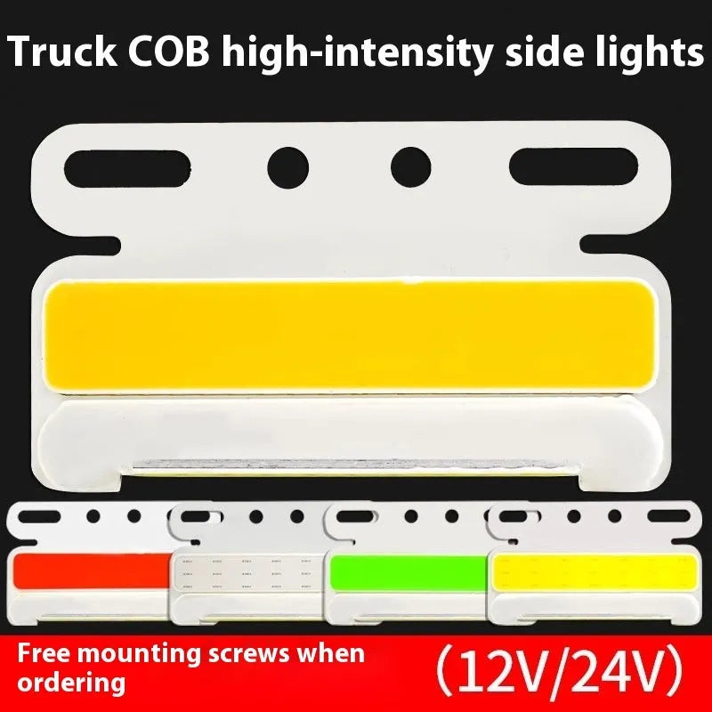 COB LED truck side light in aluminium housing for 12V 24V vehicles, shown in multiple colour options.