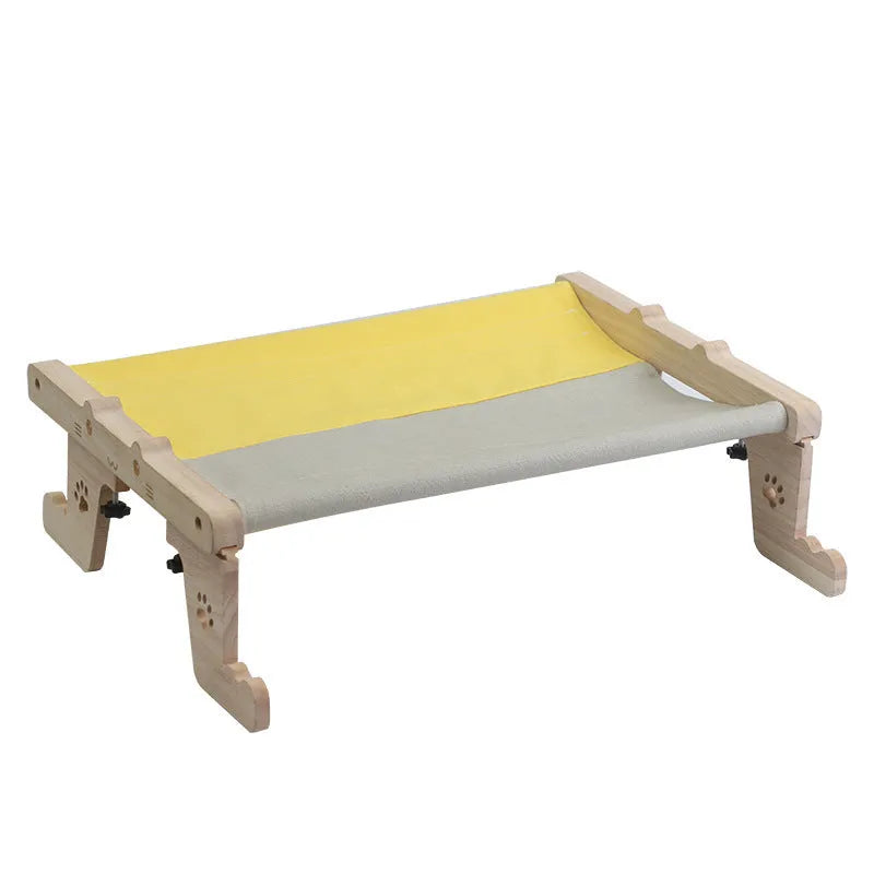 Wooden frame cat hammock bed hanging on a window, suitable for cats and small dogs.