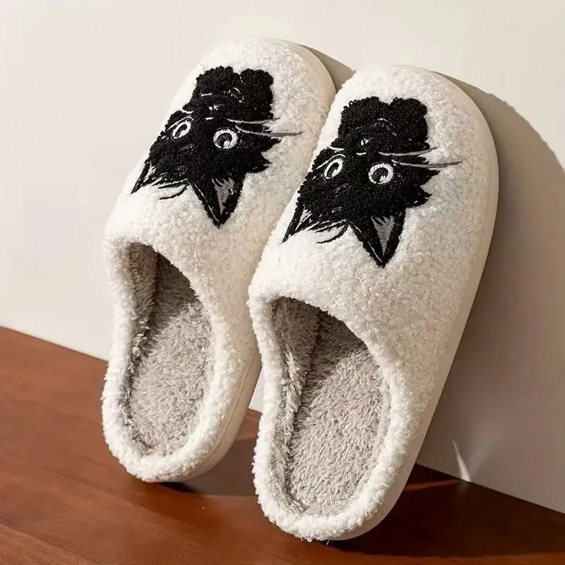 White plush cotton couple slippers with black beard cat cartoon design and non-slip TPR soles
