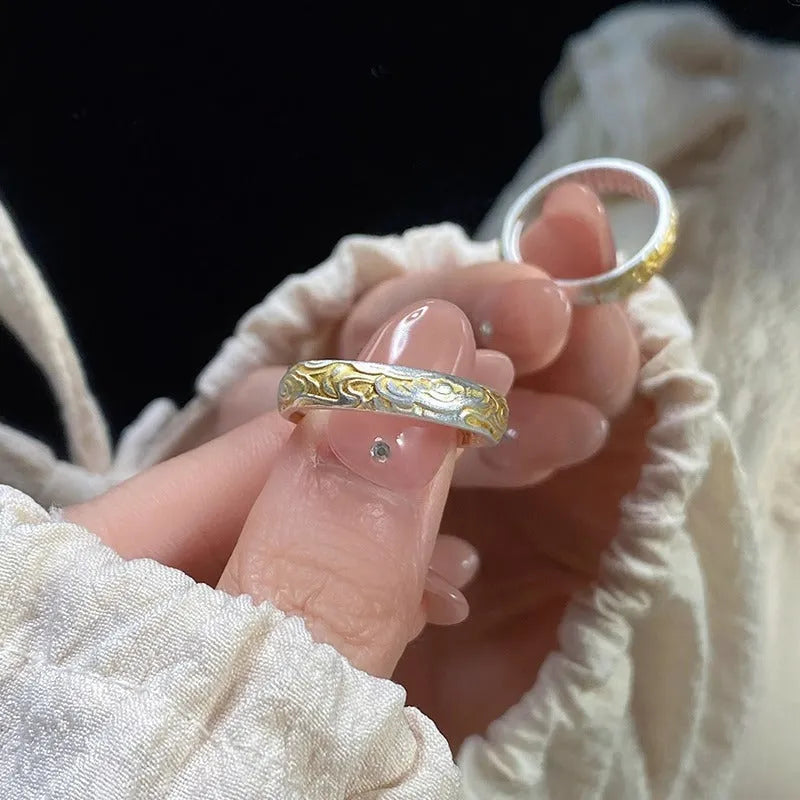 J14 Xiangyun open mouth ring with geometric pattern and gold silver electroplating on white copper