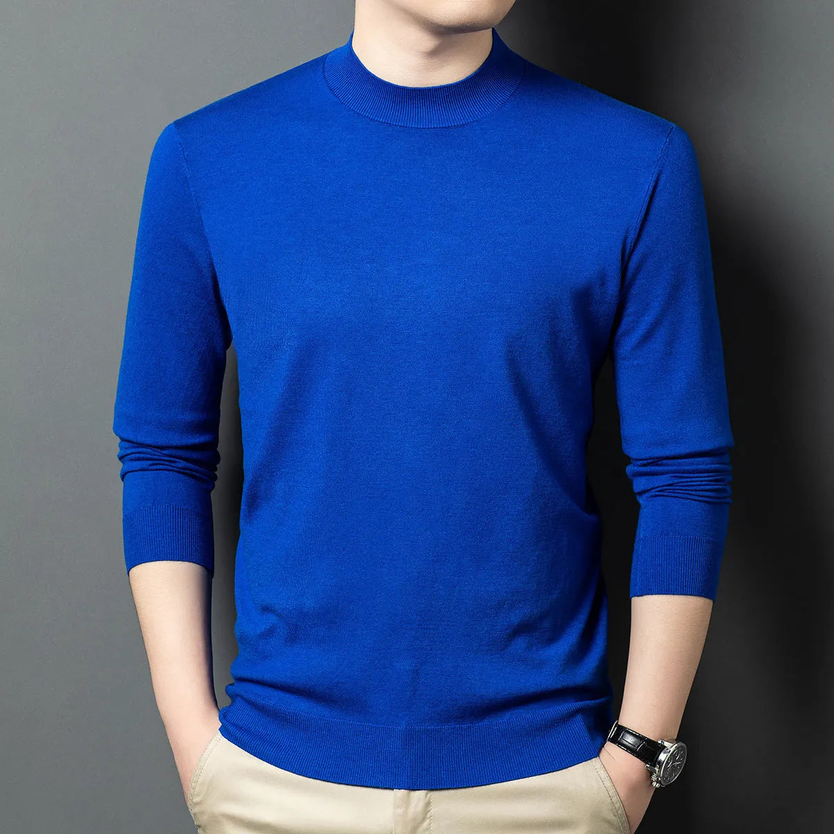Men's round neck long sleeve wool sweater in a pullover style for winter.