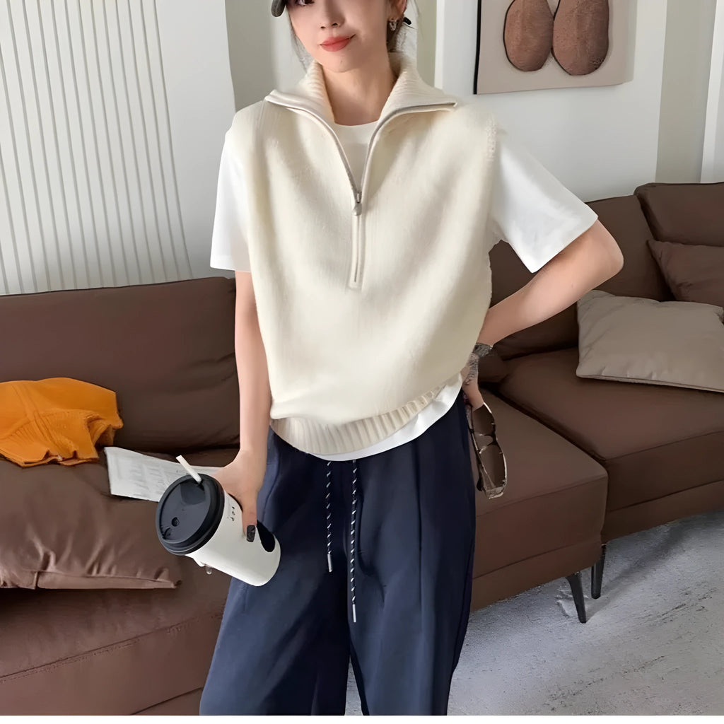 Retro half zipper sleeveless knit vest in polyester mesh fabric showing Japanese casual style