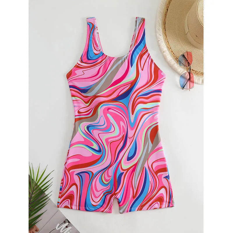 Printed high-waisted backless one-piece swimsuit for women in polyester.