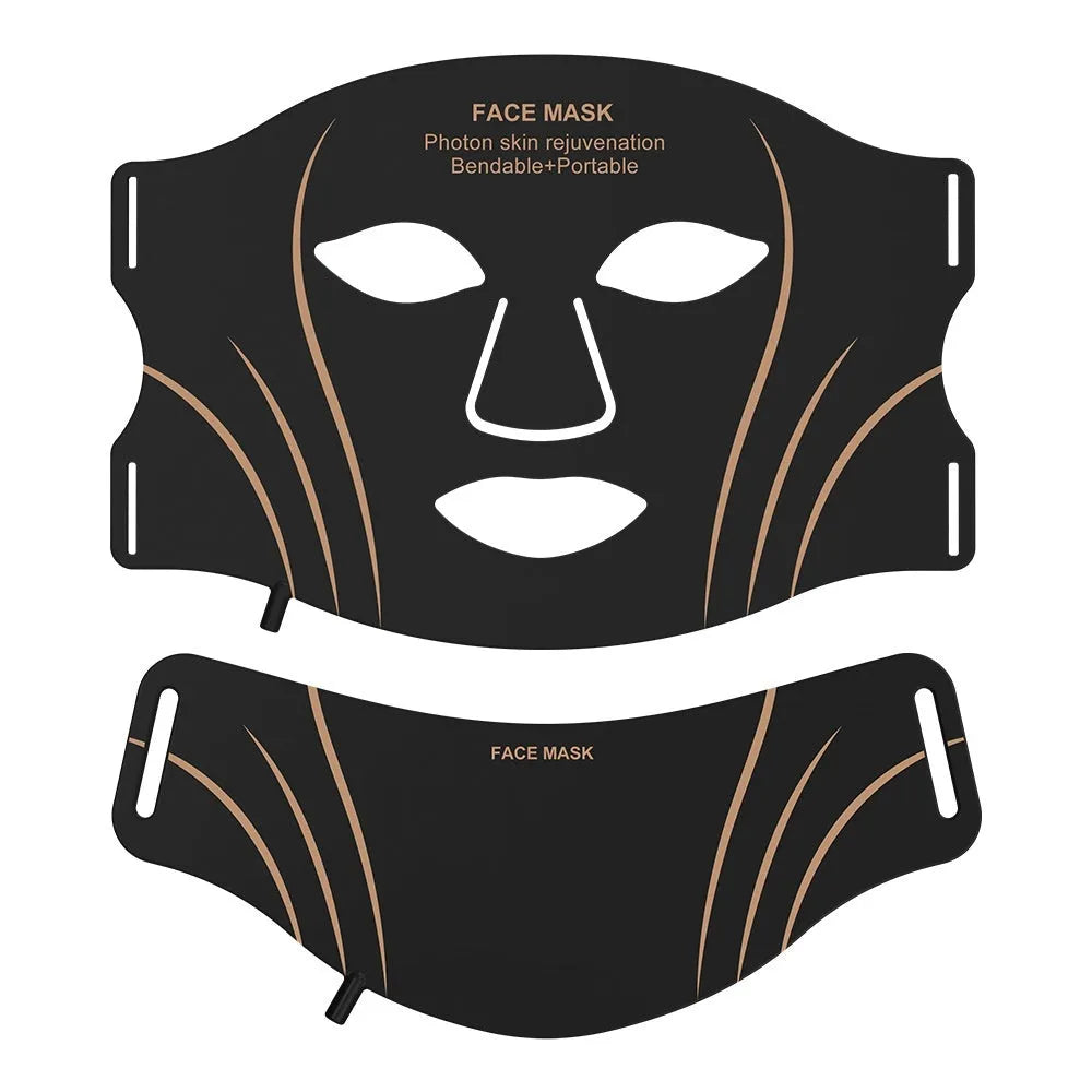 Black gold IPL LED facial mask device with headband and touch screen on a white background.