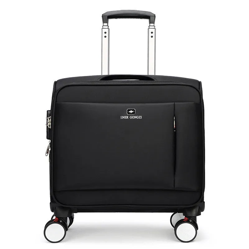 18 inch black Oxford cloth business travel suitcase with telescopic handle and universal wheels.