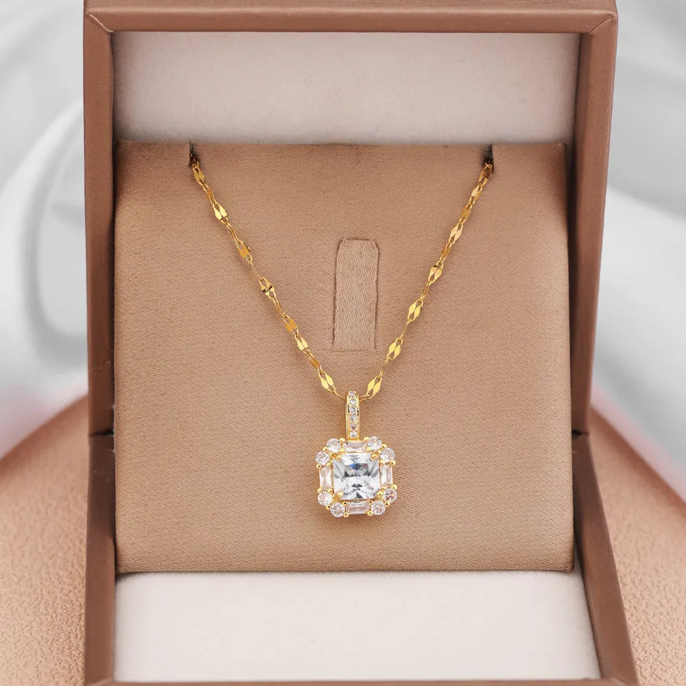 Women's geometric zircon inlaid titanium steel clavicle chain necklace in gold colour