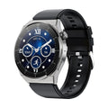 Round Android smartwatch with black silicone strap showing colour screen displaying time and notifications