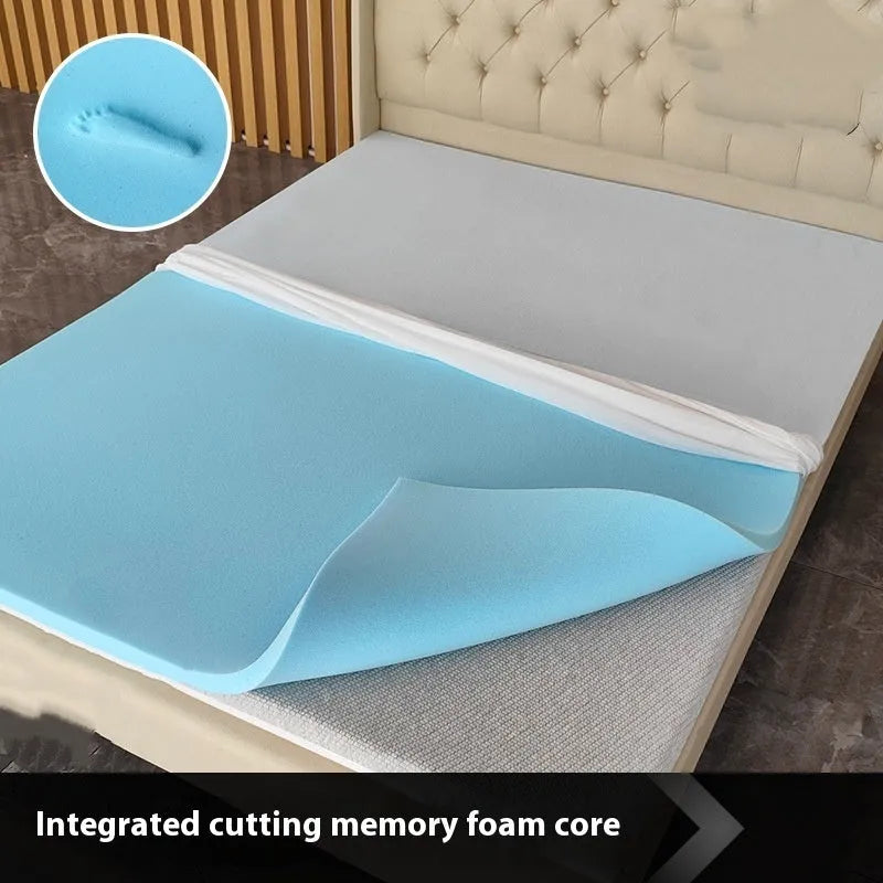 Thin gel memory cotton tatami mattress showing slow rebound and available in multiple sizes and thicknesses.