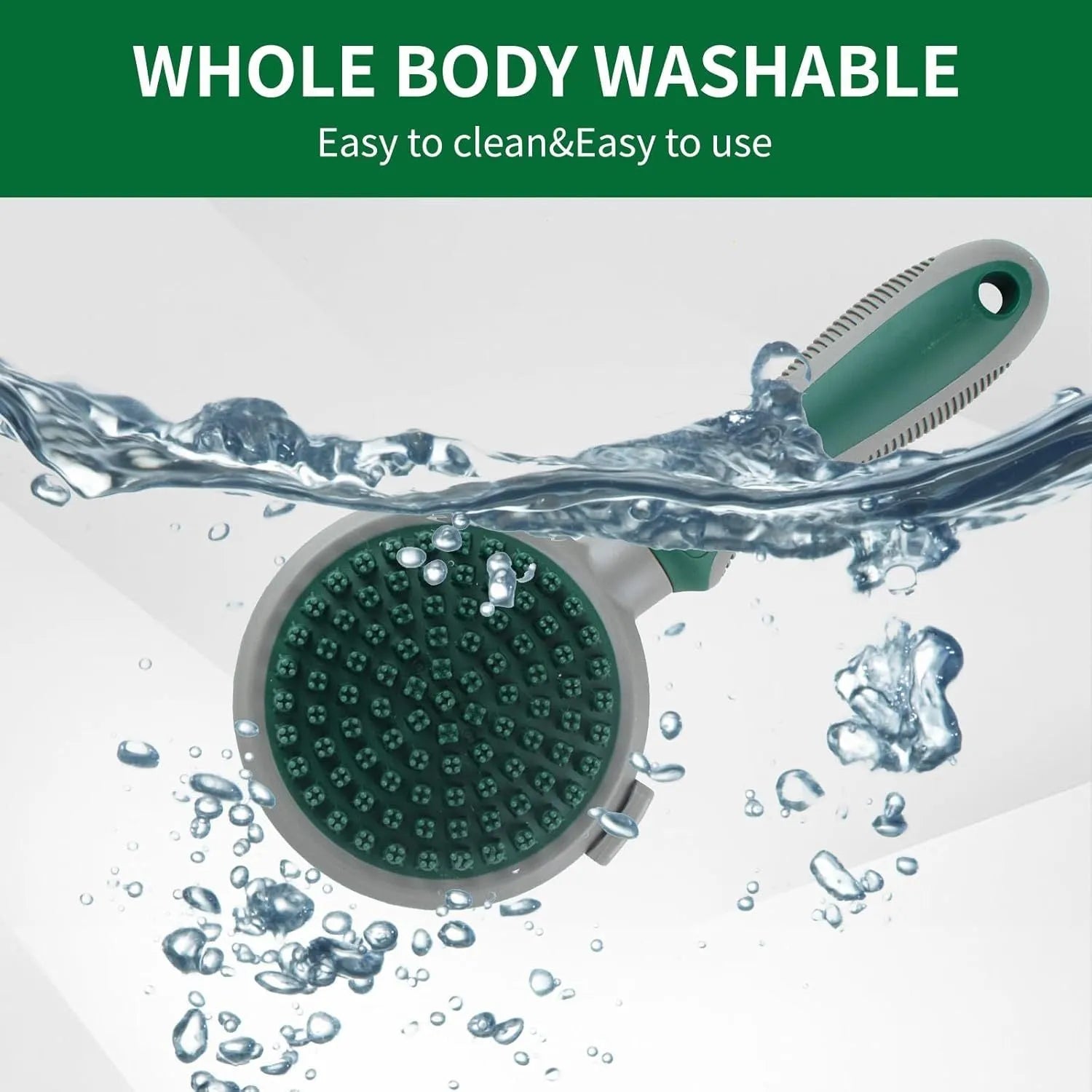 Two-sided silicone cat brush with green handle, showing slicker brush and massage sides
