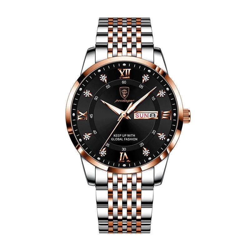 Luminous men's watch Korean fashion with round dial, stainless steel strap, and silver case white dial.