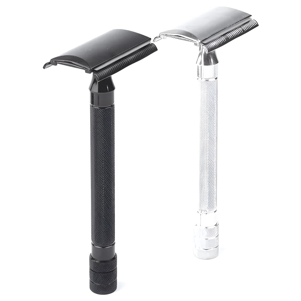 Traditional manual shaving razor and brush combination set in metal construction