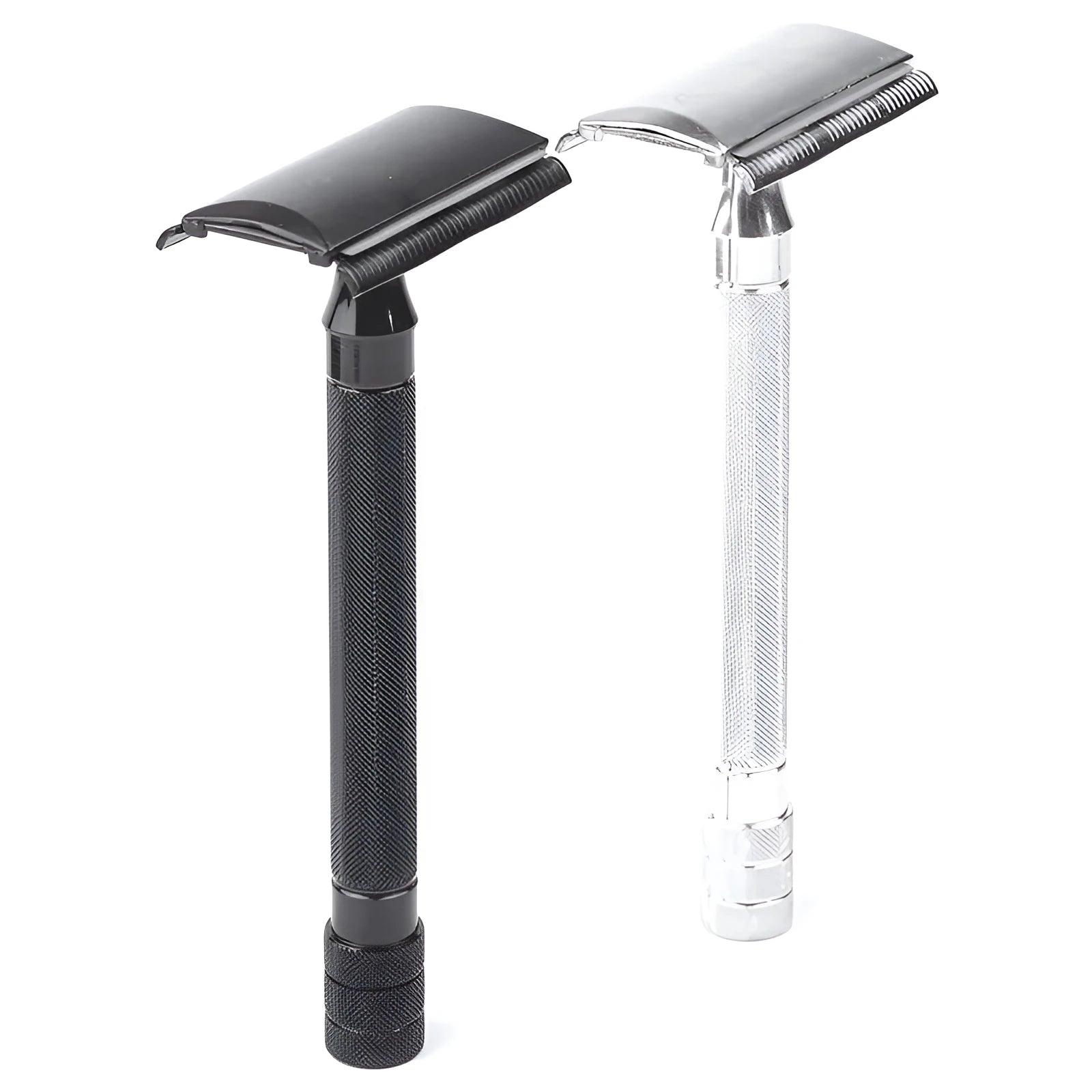 Traditional manual shaving razor and brush combination set in metal construction