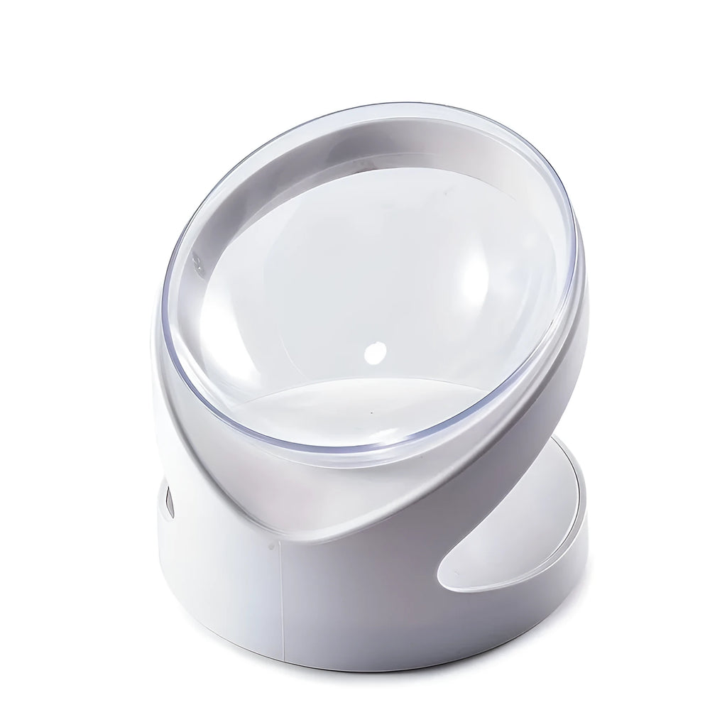 White clear plastic elevated cat food bowl with tilted anti-vomit design on a raised stand.