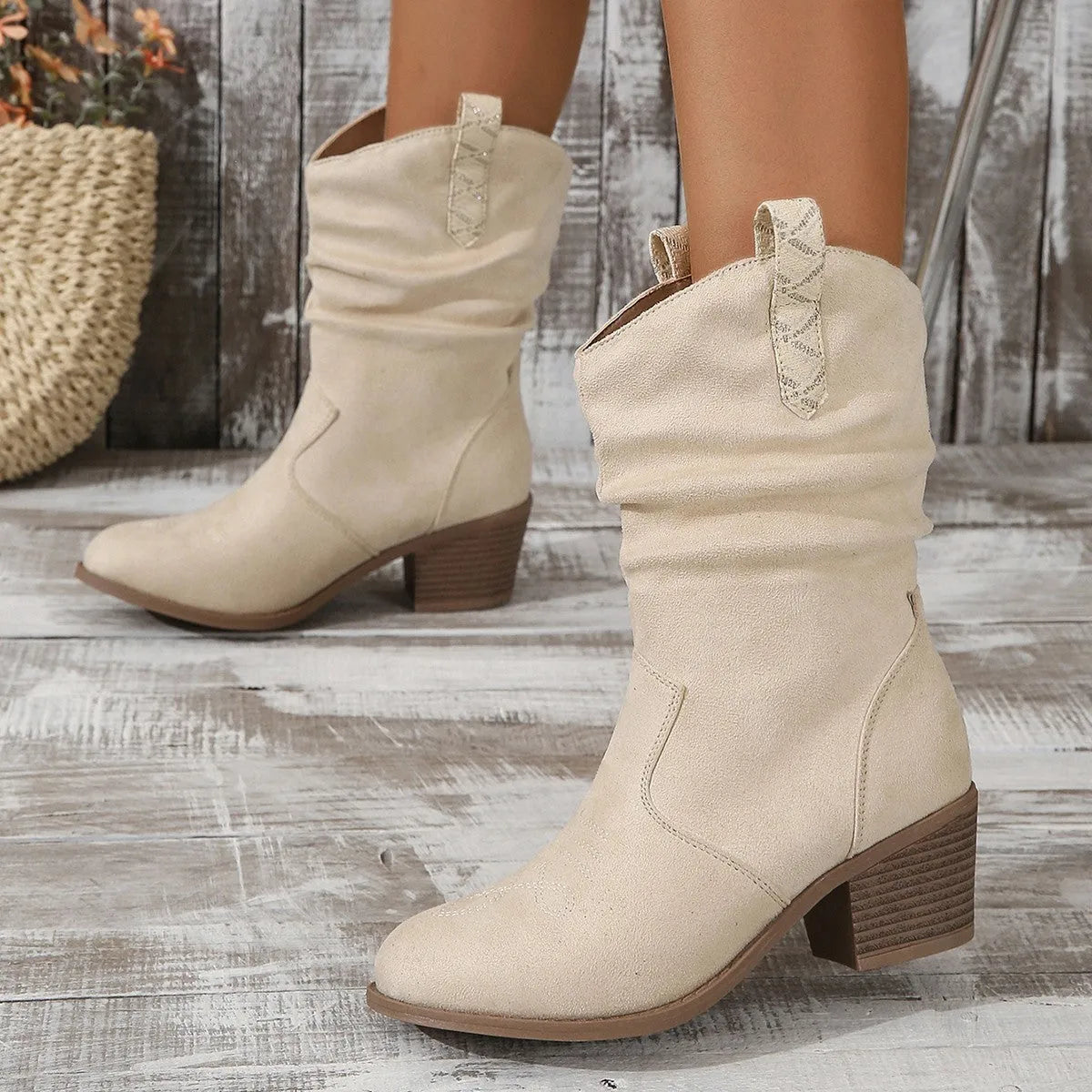 Women's mid-calf suede boots with short stout heel and leather stitching detail