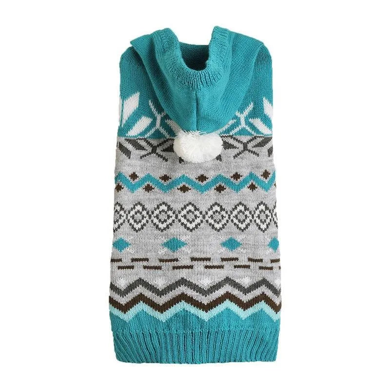 Green acrylic knit dog sweater with a diamond pattern, sized for a small dog.