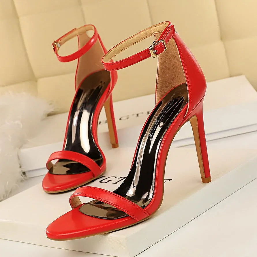 Open toe ankle-strap high heels in European style available in six colours