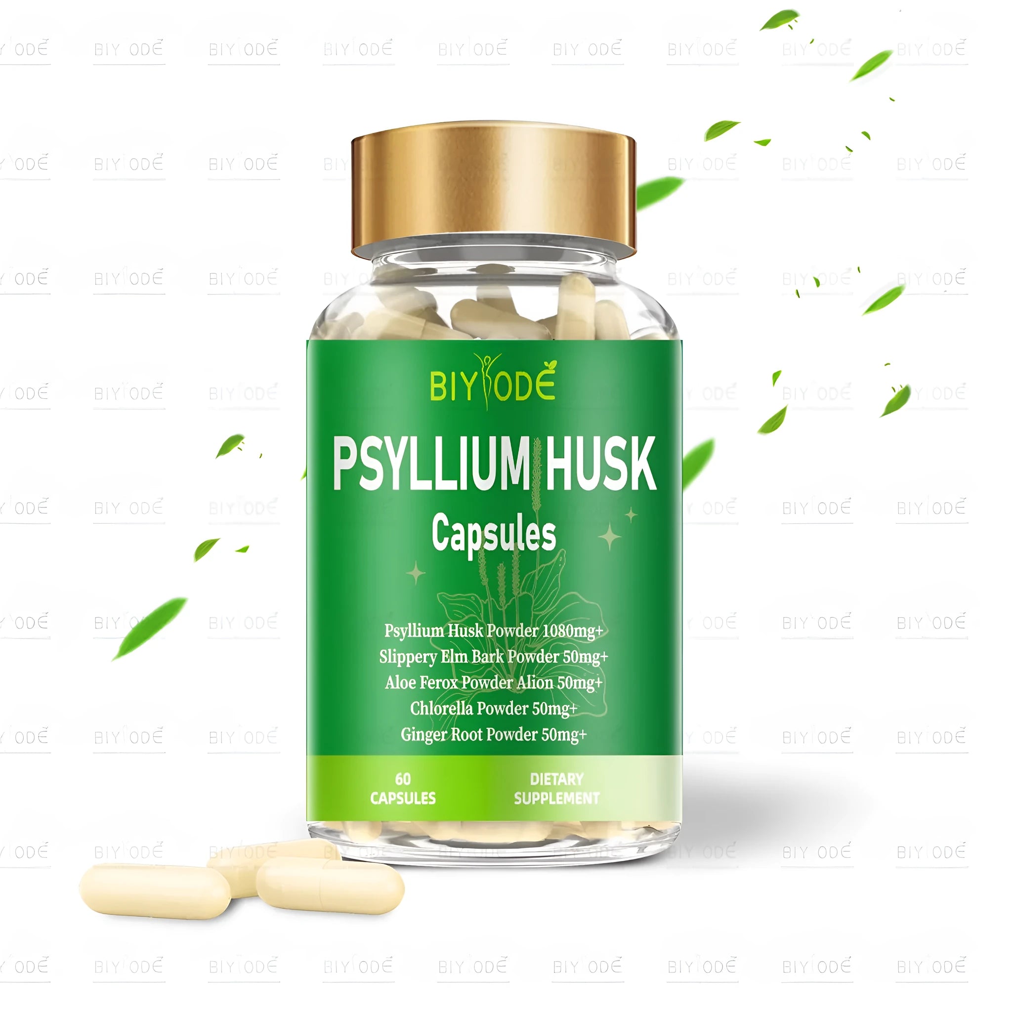 Psyllium husk powder capsules in a bottle with 60 count, natural fibre supplement for digestive health
