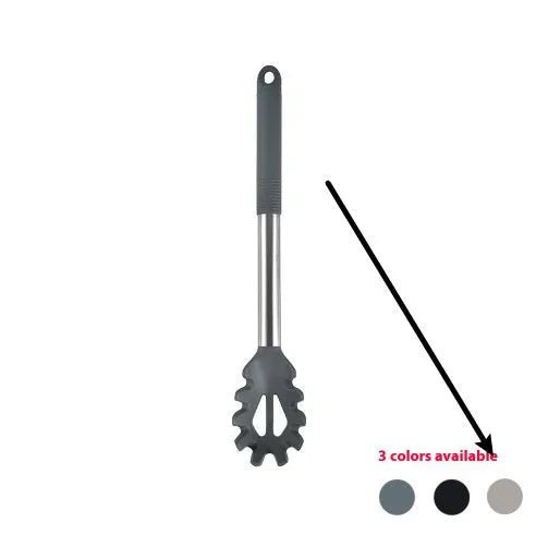 12-piece silicone kitchenware set with rotating storage bucket showing utensils in black, dark grey or khaki colours