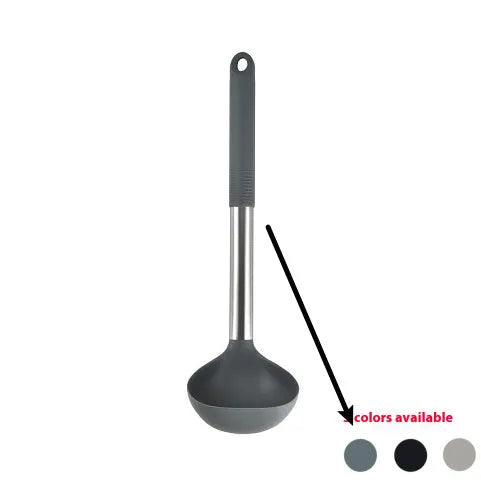 12-piece silicone kitchenware set with rotating storage bucket showing utensils in black, dark grey or khaki colours