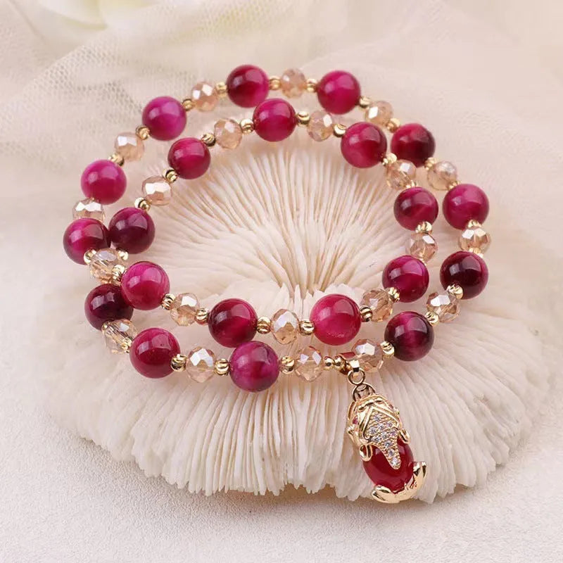 Handmade Tigereye crystal bracelet on a single chain and double chain in green and rose red styles.
