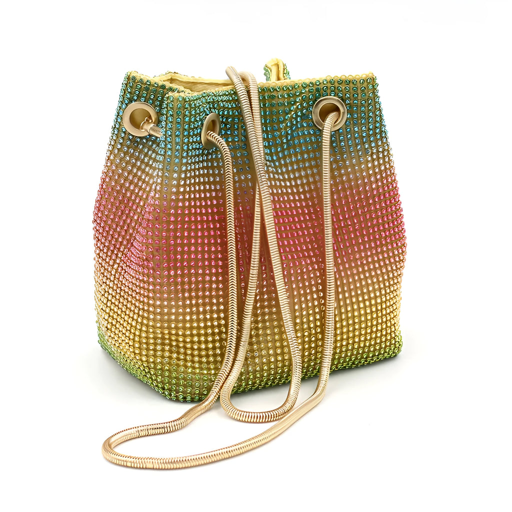 Colourful rainbow design rhinestone bucket bag with a soft fabric texture and a handle.