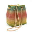 Colourful rainbow design rhinestone bucket bag with a soft fabric texture and a handle.