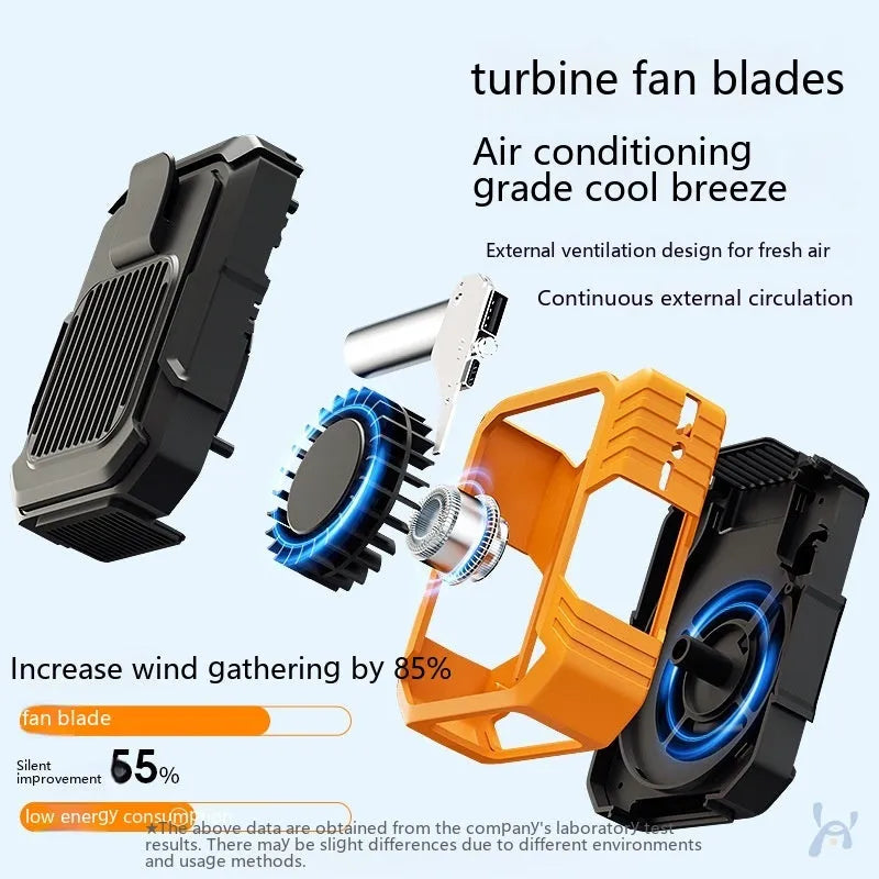 Green wearable wrist fan with LED light and USB charging port, showing adjustable strap.