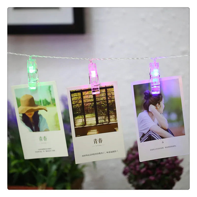 LED photo wall clip light string with heart-shaped clips, warm white lights, plastic construction, IP44 rated