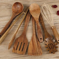 Seven wooden cooking utensils with non-slip handles designed for non-stick pans