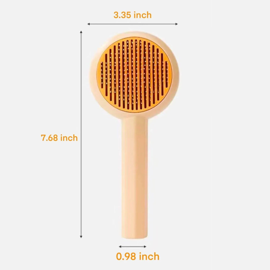 Blue pet grooming brush with self-cleaning button and angled metal pins for cats and dogs