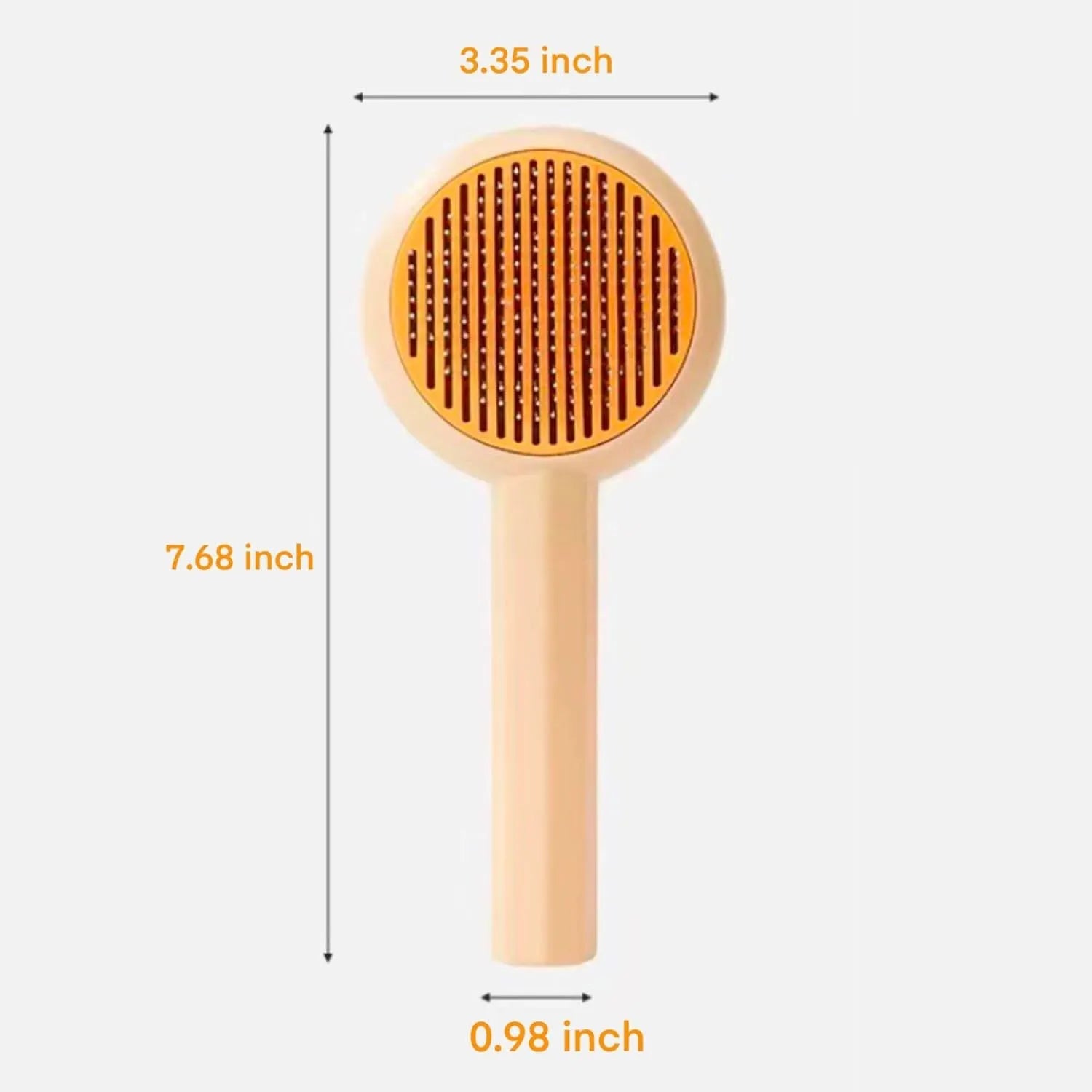 Blue pet grooming brush with self-cleaning button and angled metal pins for cats and dogs