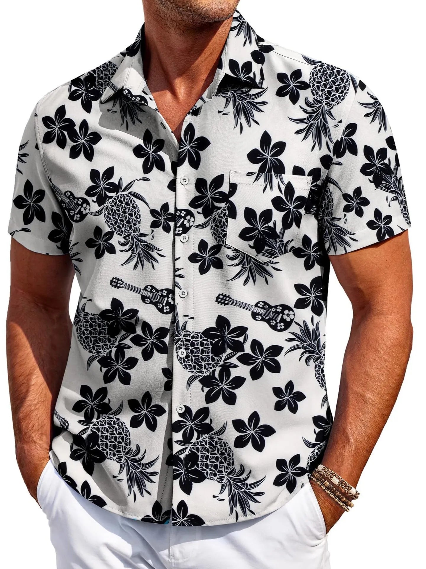 Men's slim fit Hawaiian short sleeve shirt in elastic polyester fabric.