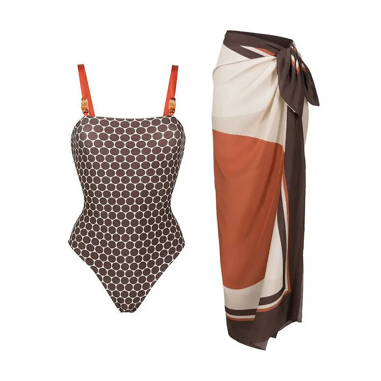 Women's printed one-piece swimsuit with matching wrap skirt set in dots pattern polyester fabric