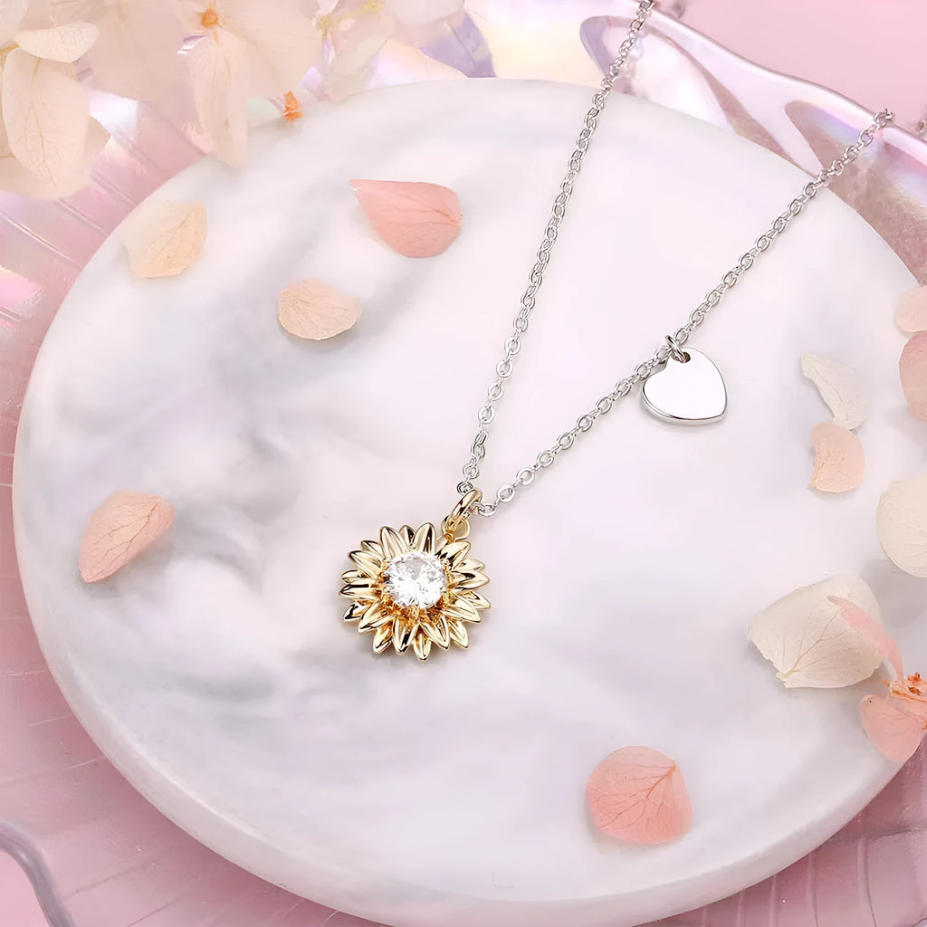 925 silver sunflower necklace with geometric pendant on adjustable cross chain