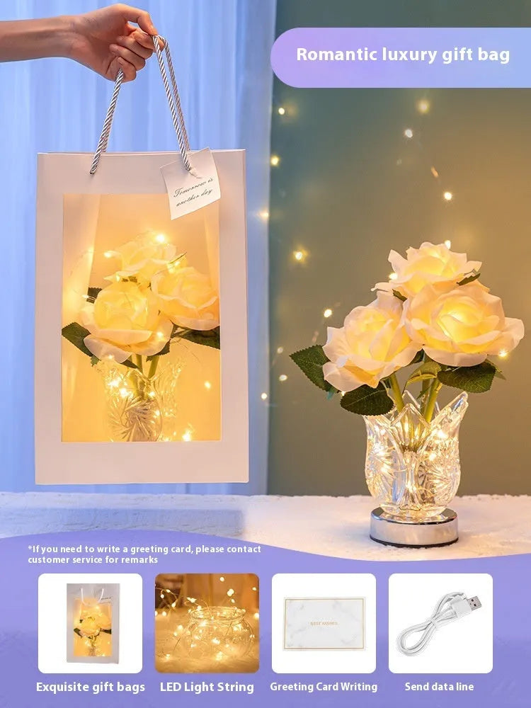 Modern crystal flower design bedside lamp with touch dimming control on a wooden table.