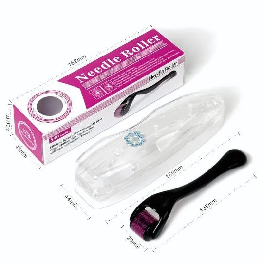 Black and purple derma rollers with titanium microneedles for facial, scalp and body skincare