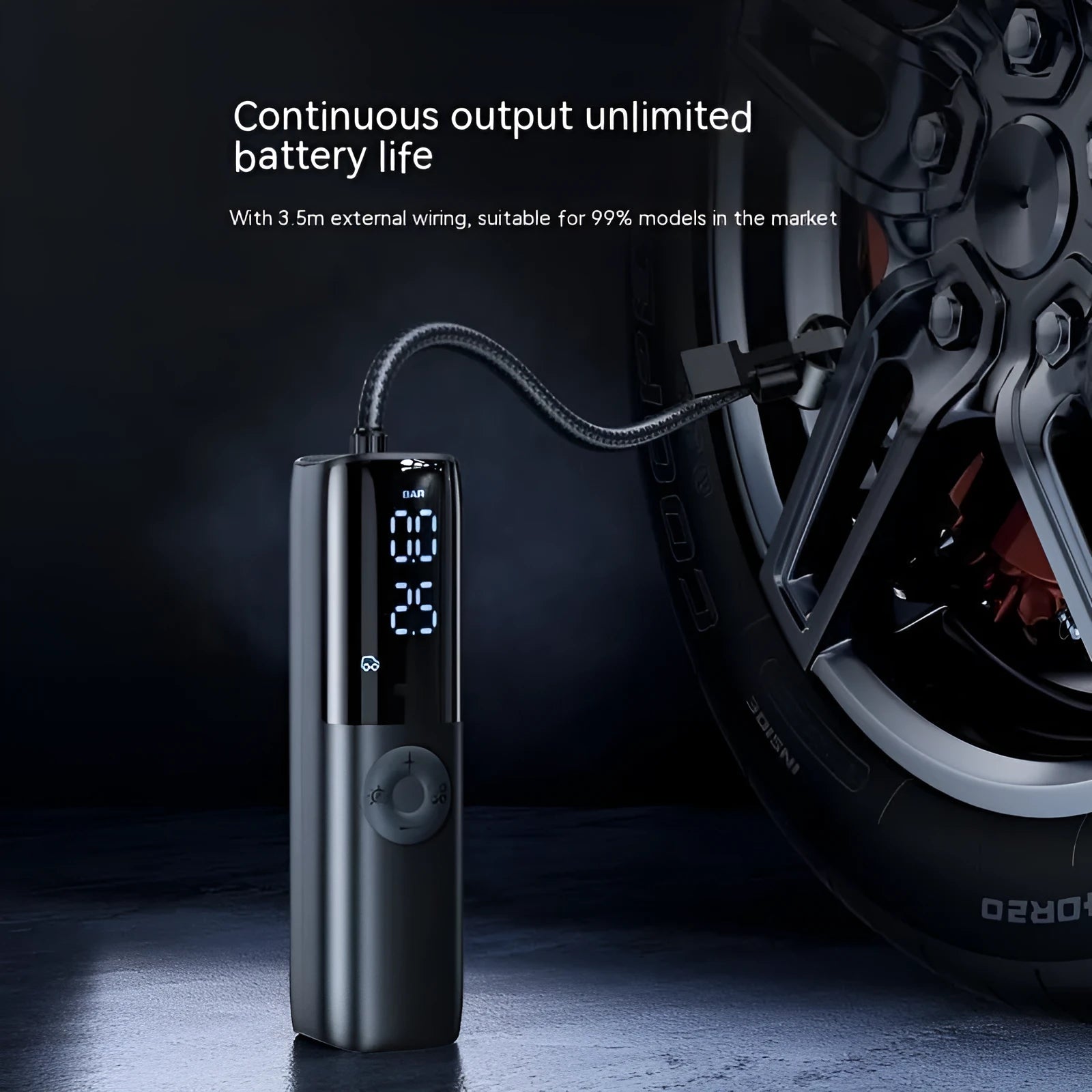 Black portable electric vehicle air pump with dual voltage and built-in tyre pressure gauge