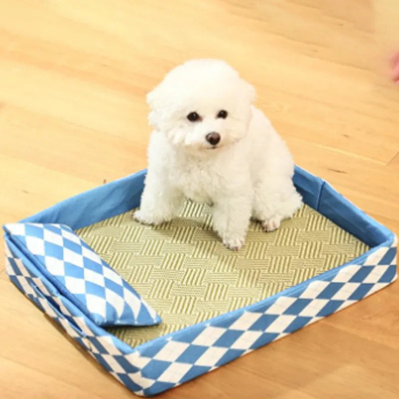Blue rattan cooling mat cat bed for kittens and adult cats on a wooden floor.