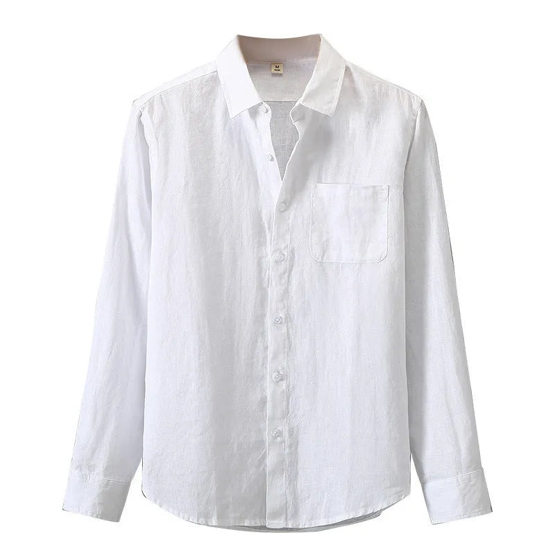 Chinese style linen cardigan shirt with long sleeves in solid colour