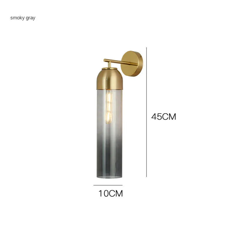 Modern minimalist glass wall lamp with an E27 holder in a choice of light colours on a living room wall.