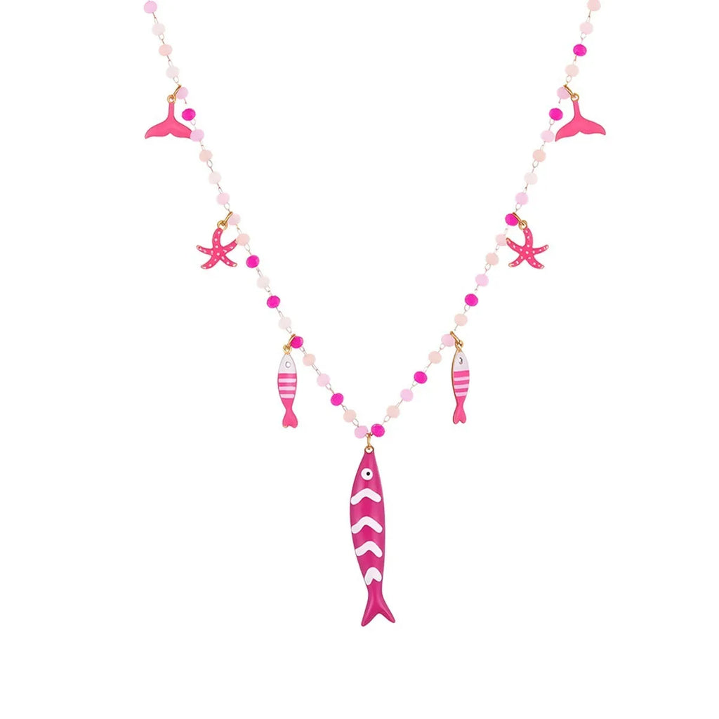 18K gold plated stainless steel necklace with oil dripping fish pendant and coloured beads on adjustable chain