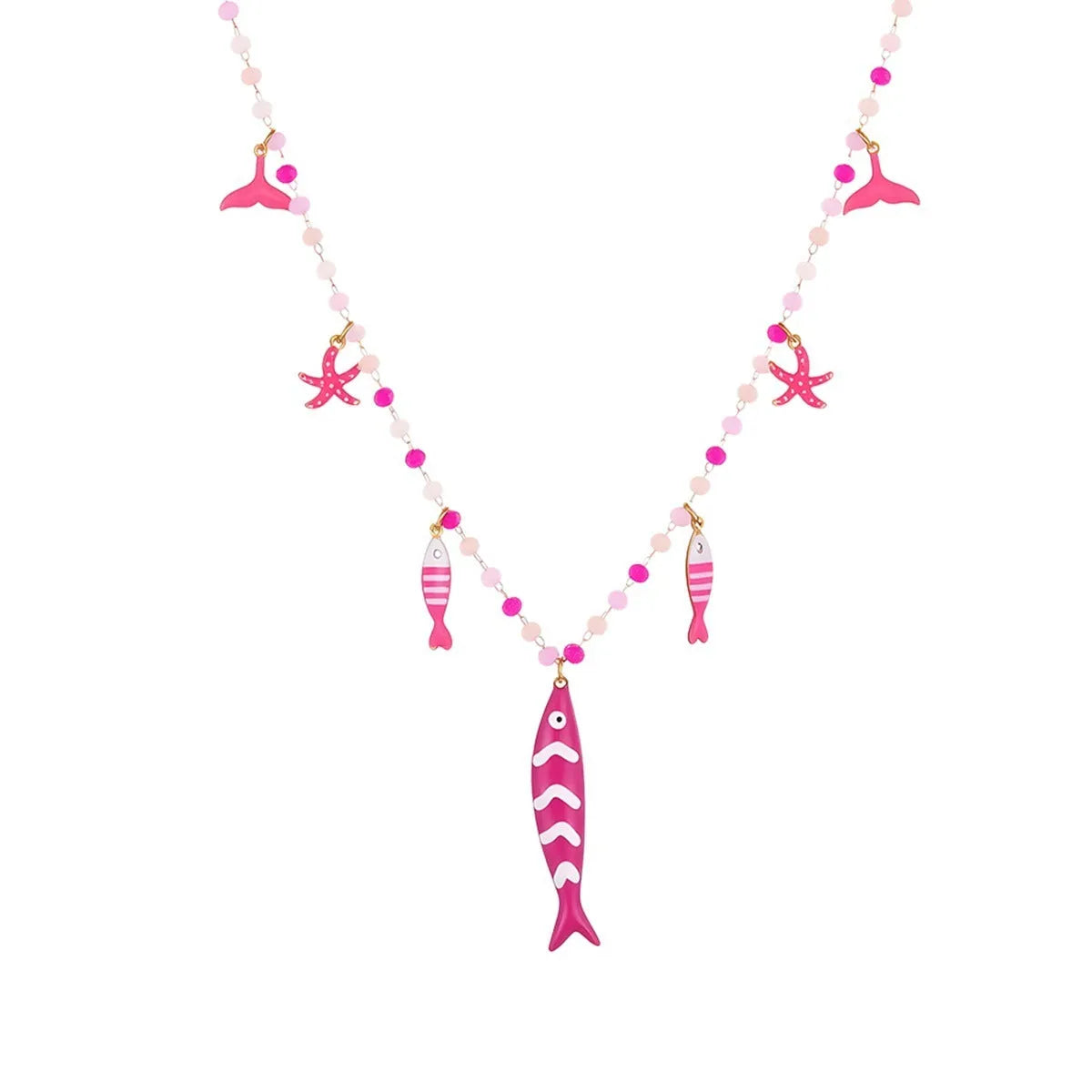 18K gold plated stainless steel necklace with oil dripping fish pendant and coloured beads on adjustable chain
