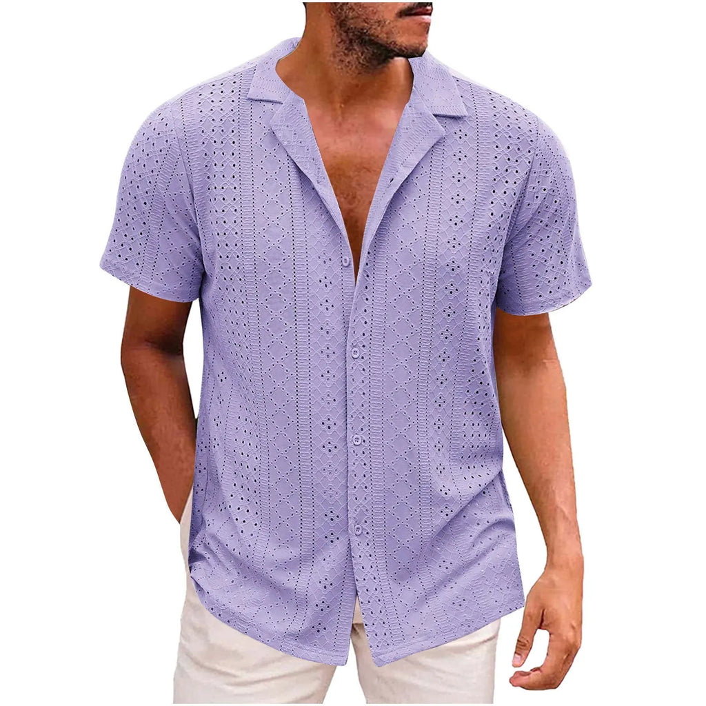 Men's breathable lightweight polyester casual shirt in white, cardigan style, regular fit