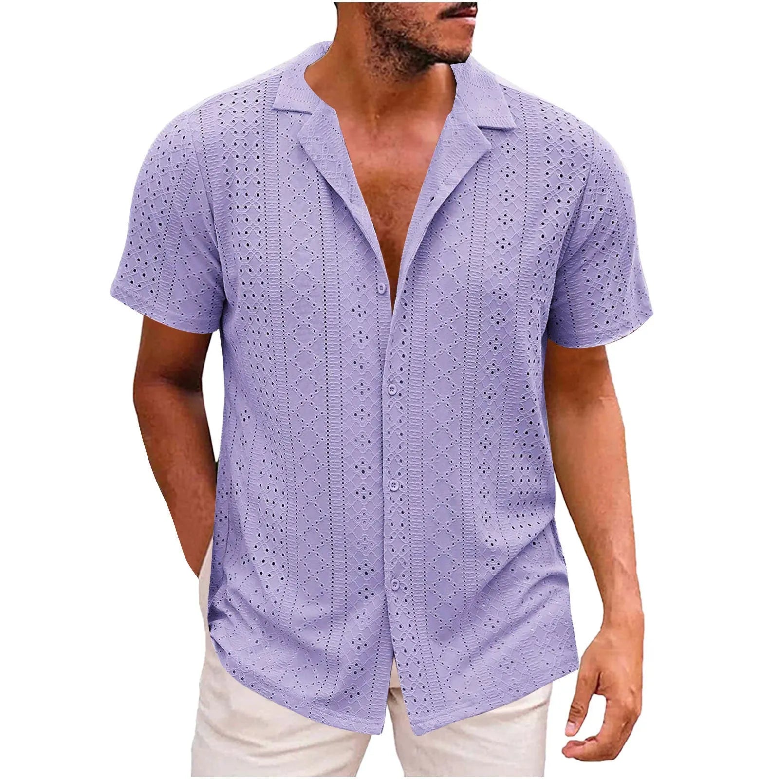 Men's breathable lightweight polyester casual shirt in white, cardigan style, regular fit