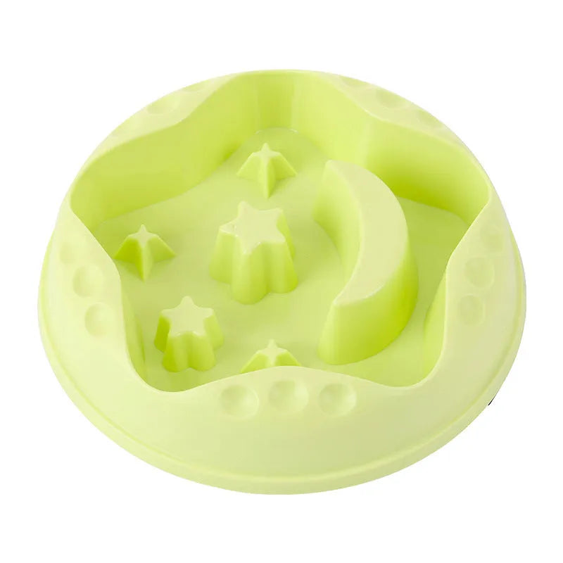 Moon star wings design slow feed dog bowl with interior ridges, non-slip base, in blue colour