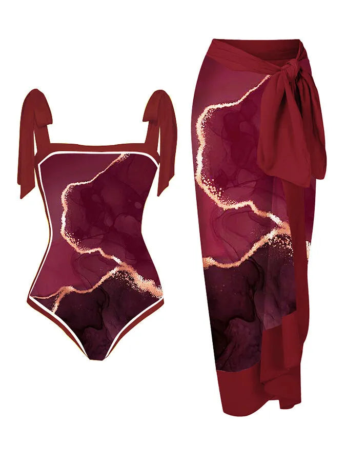 Women's floral print chiffon swimsuit with matching skirt for swimming