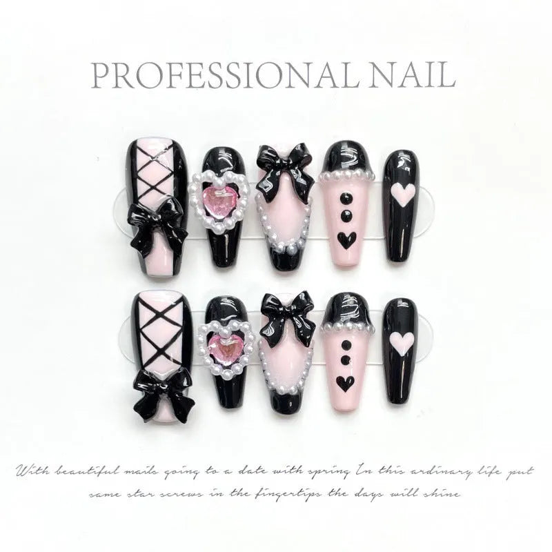 Black and pink heart-shaped hand-painted detachable manicure with bow pattern and Cat's Eye design