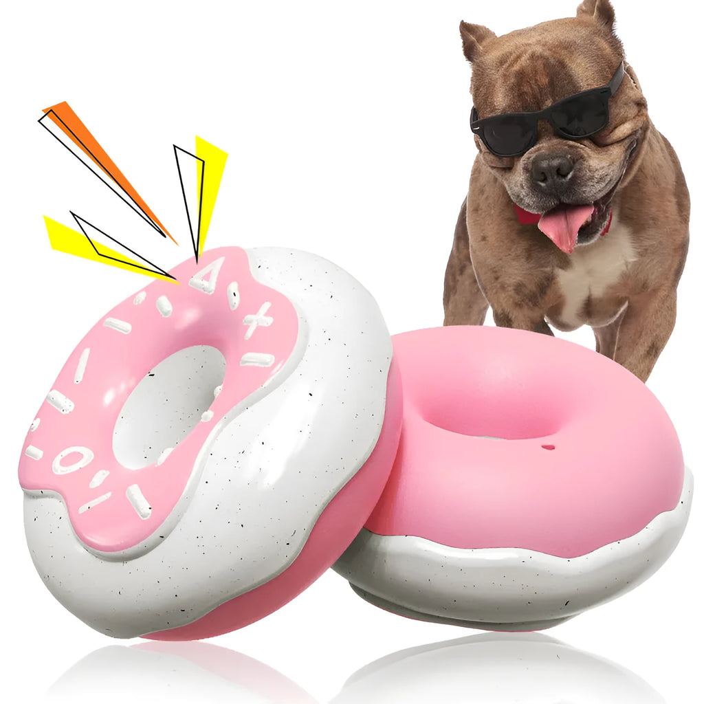TPR donut dog toy in pink colour with textured surface for molar teeth cleaning