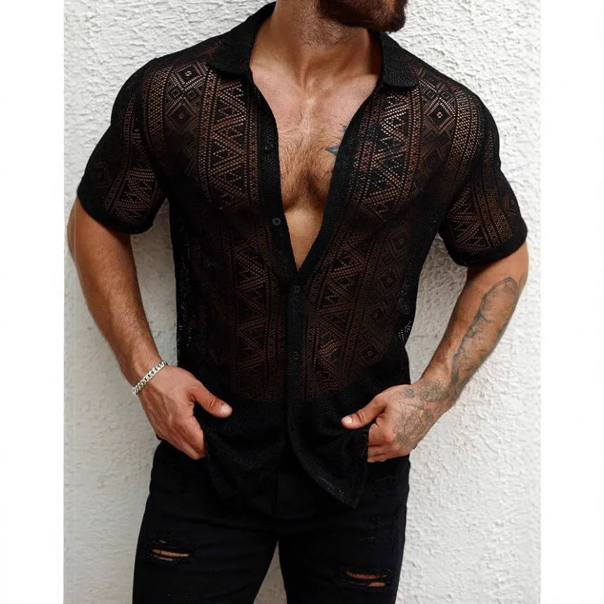 Men's black lace transparent short-sleeved cardigan shirt in polyester, front view, summer fashion style
