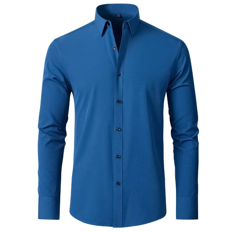 Korean slim-fit solid colour men's shirt in navy blue long sleeve non-iron chemical fibre blend casual shirt